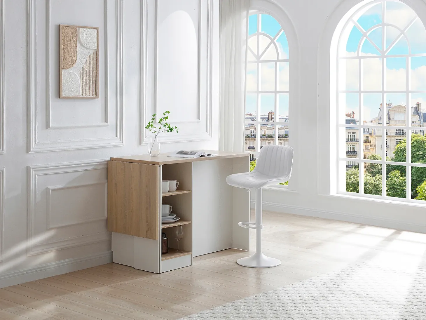 Isla central de cocina con almacenamiento en MDF - Blanco y natural - HELOMY