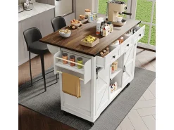 Isla central de cocina con 3 cajones y 2 puertas correderas, mesa extensible, Beige, 140x45/73x94cm