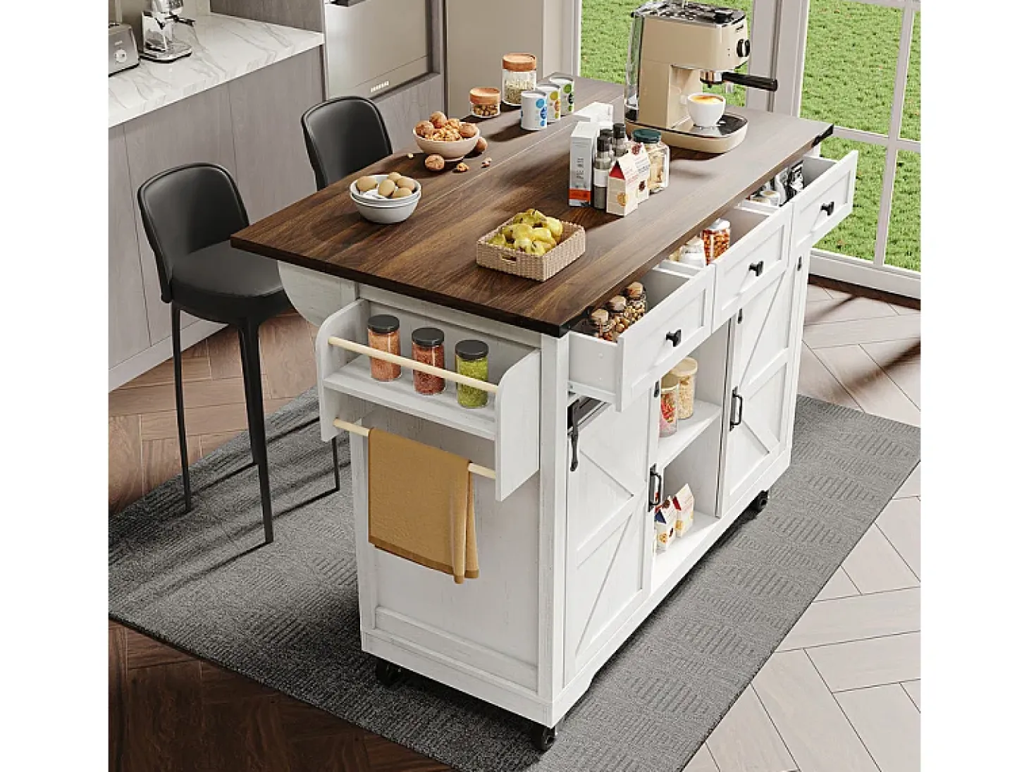 Isla central de cocina con 3 cajones y 2 puertas correderas, mesa extensible, Beige, 140x45/73x94cm
