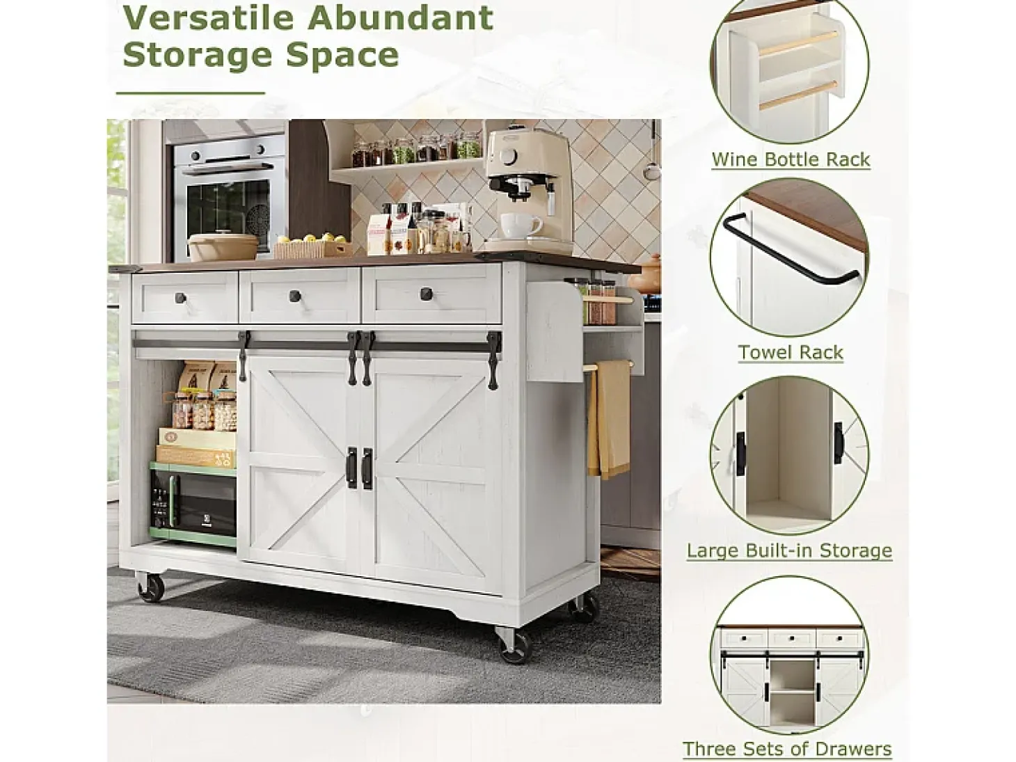 Isla central de cocina con 3 cajones y 2 puertas correderas, mesa extensible, Beige, 140x45/73x94cm