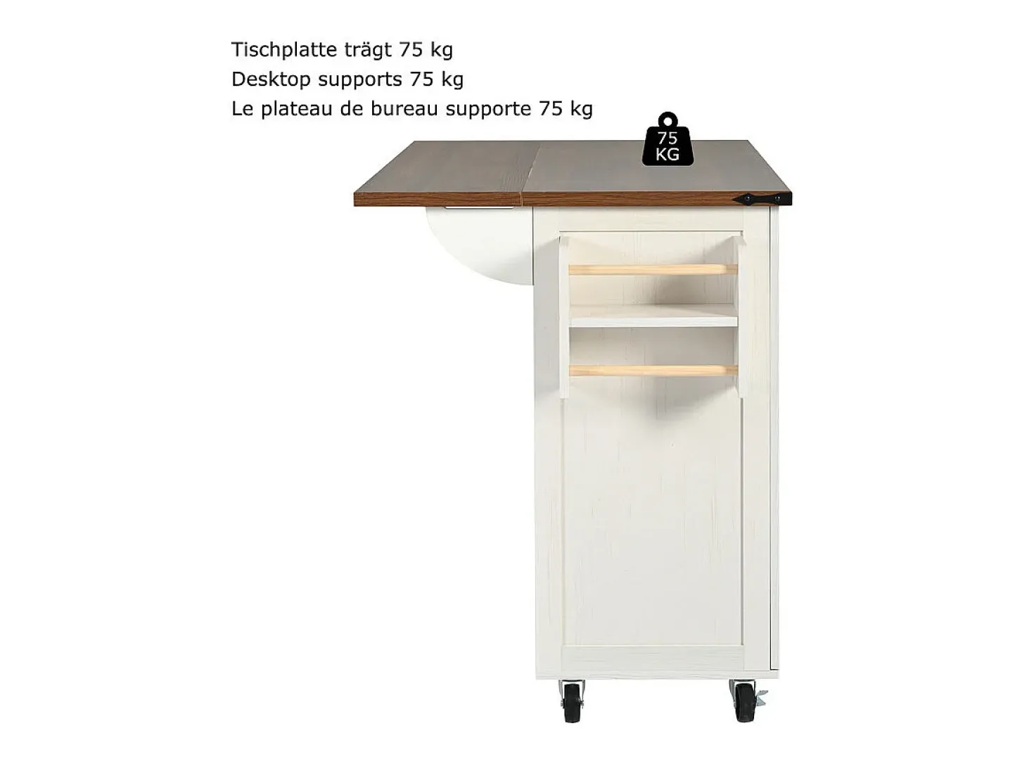 Isla central de cocina con 3 cajones y 2 puertas correderas, mesa extensible, Beige, 140x45/73x94cm