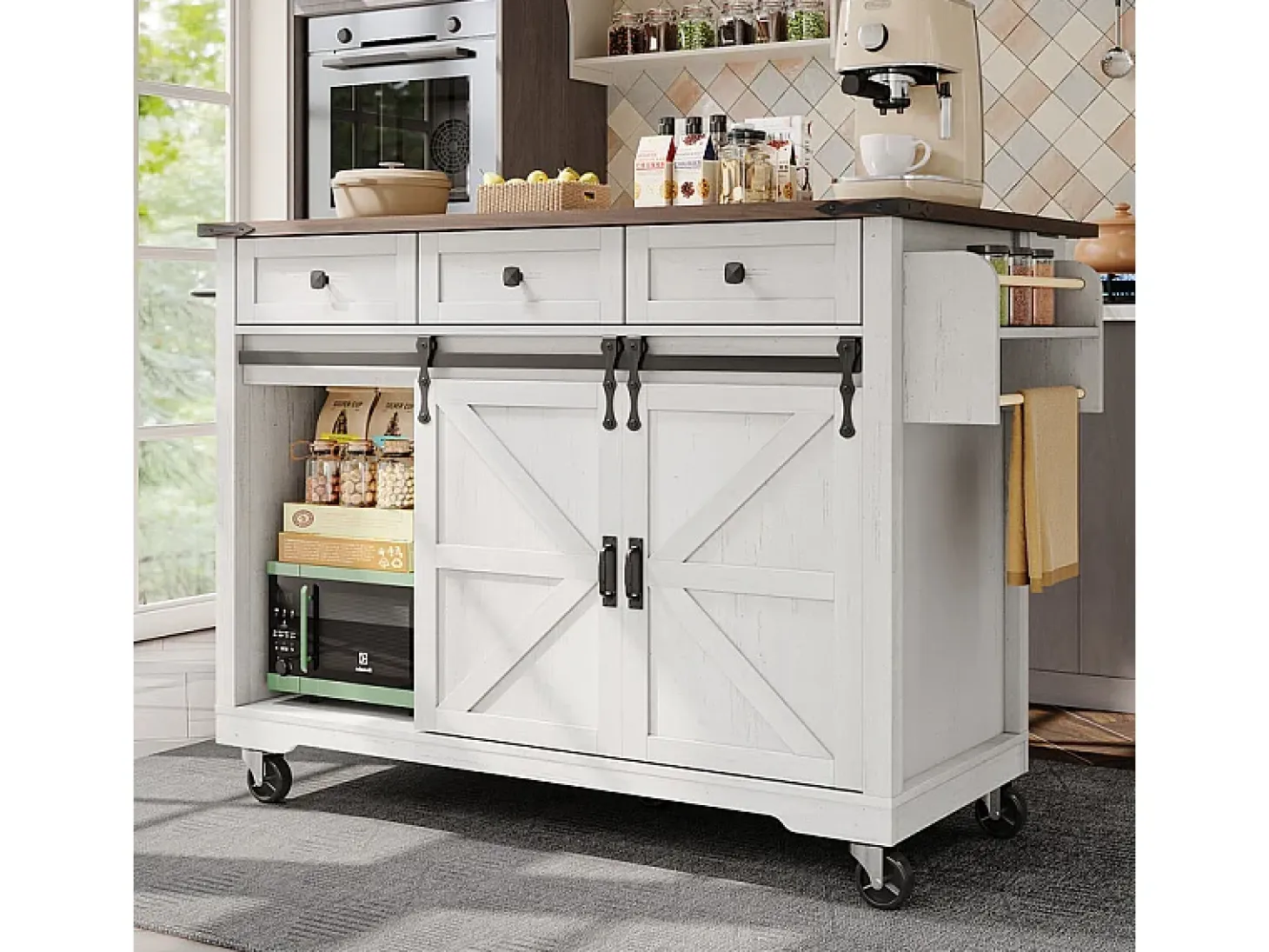 Isla central de cocina con 3 cajones y 2 puertas correderas, mesa extensible, Beige, 140x45/73x94cm