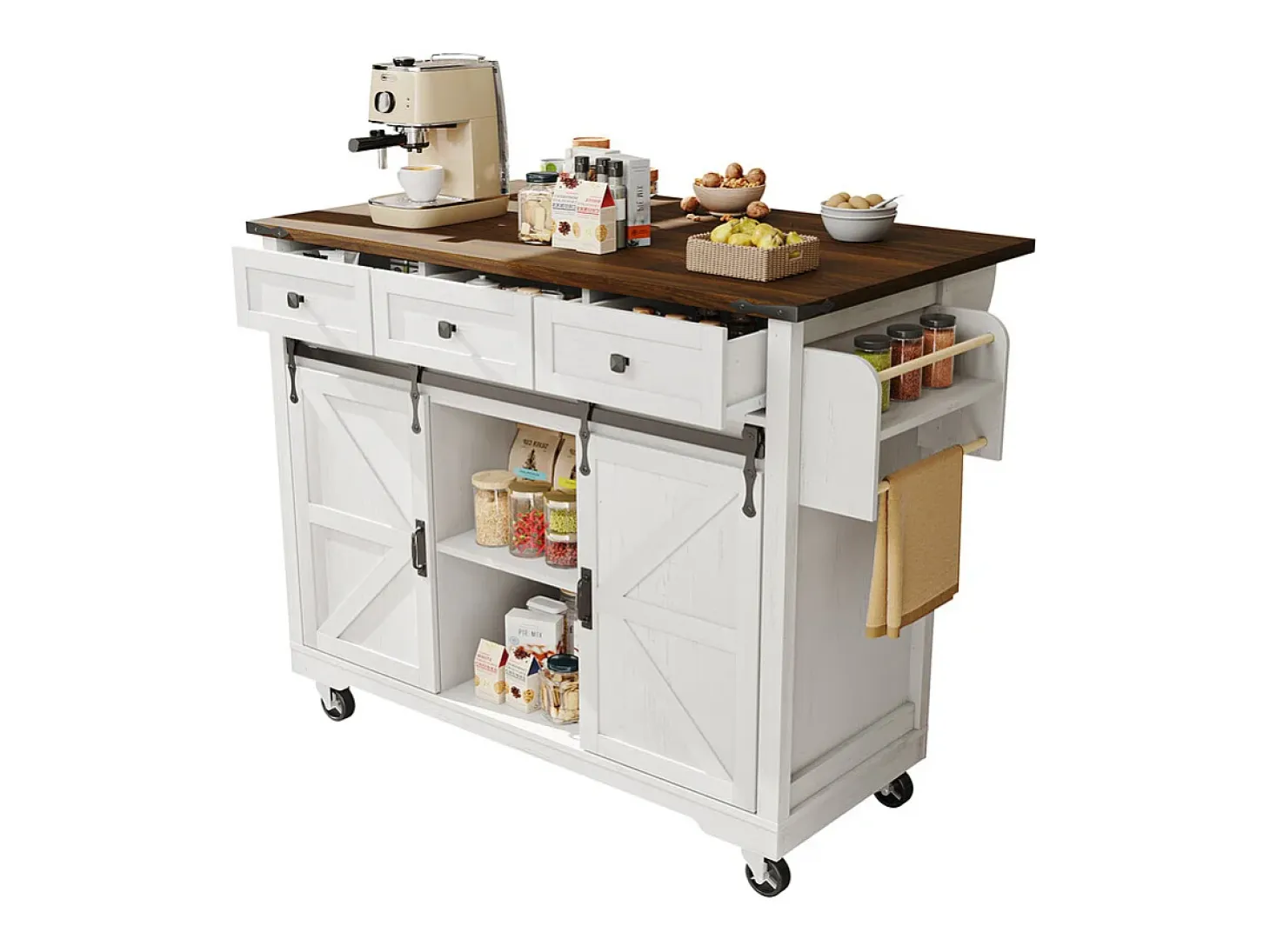 Isla central de cocina con 3 cajones y 2 puertas correderas, mesa extensible, Beige, 140x45/73x94cm