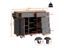 Isla central de cocina con 5 cajones 3 nichos y 1 puerta, con patas fijas y ruedas, 134x46x92cm - Negro
