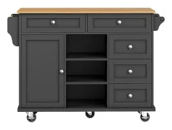 Isla central de cocina con 5 cajones 3 nichos y 1 puerta, con patas fijas y ruedas, 134x46x92cm - Negro