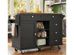 Isla central de cocina con 5 cajones 3 nichos y 1 puerta, con patas fijas y ruedas, 134x46x92cm - Negro