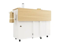 Isla central de cocina con estante para vino 2 cajones y 2 puertas - 2 enchufes - Blanco+natural - 131.5x43/76x90.7cm
