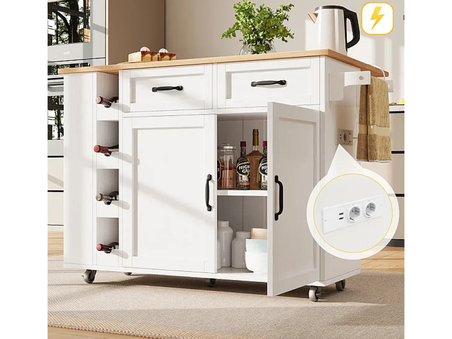Isla central de cocina con estante para vino 2 cajones y 2 puertas - 2 enchufes - Blanco+natural - 131.5x43/76x90.7cm