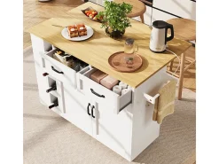 Isla central de cocina con estante para vino 2 cajones y 2 puertas - 2 enchufes - Blanco+natural - 131.5x43/76x90.7cm