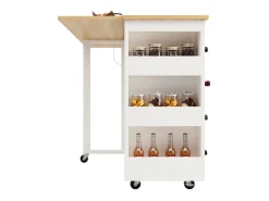 Isla central de cocina con estante para vino 2 cajones y 2 puertas - 2 enchufes - Blanco+natural - 131.5x43/76x90.7cm