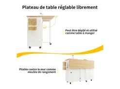 Isla central de cocina con estante para vino 2 cajones y 2 puertas - 2 enchufes - Blanco+natural - 131.5x43/76x90.7cm