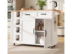Isla central de cocina con estante para vino 2 cajones y 2 puertas - 2 enchufes - Blanco+natural - 131.5x43/76x90.7cm