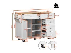 Isla central de cocina con 5 cajones 3 nichos y 1 puerta, con patas fijas y ruedas, 134x46x92cm - Blanco