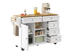 Isla central de cocina con 5 cajones 3 nichos y 1 puerta, con patas fijas y ruedas, 134x46x92cm - Blanco