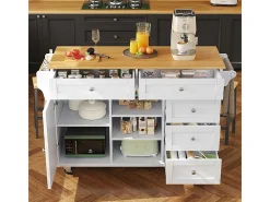 Isla central de cocina con 5 cajones 3 nichos y 1 puerta, con patas fijas y ruedas, 134x46x92cm - Blanco