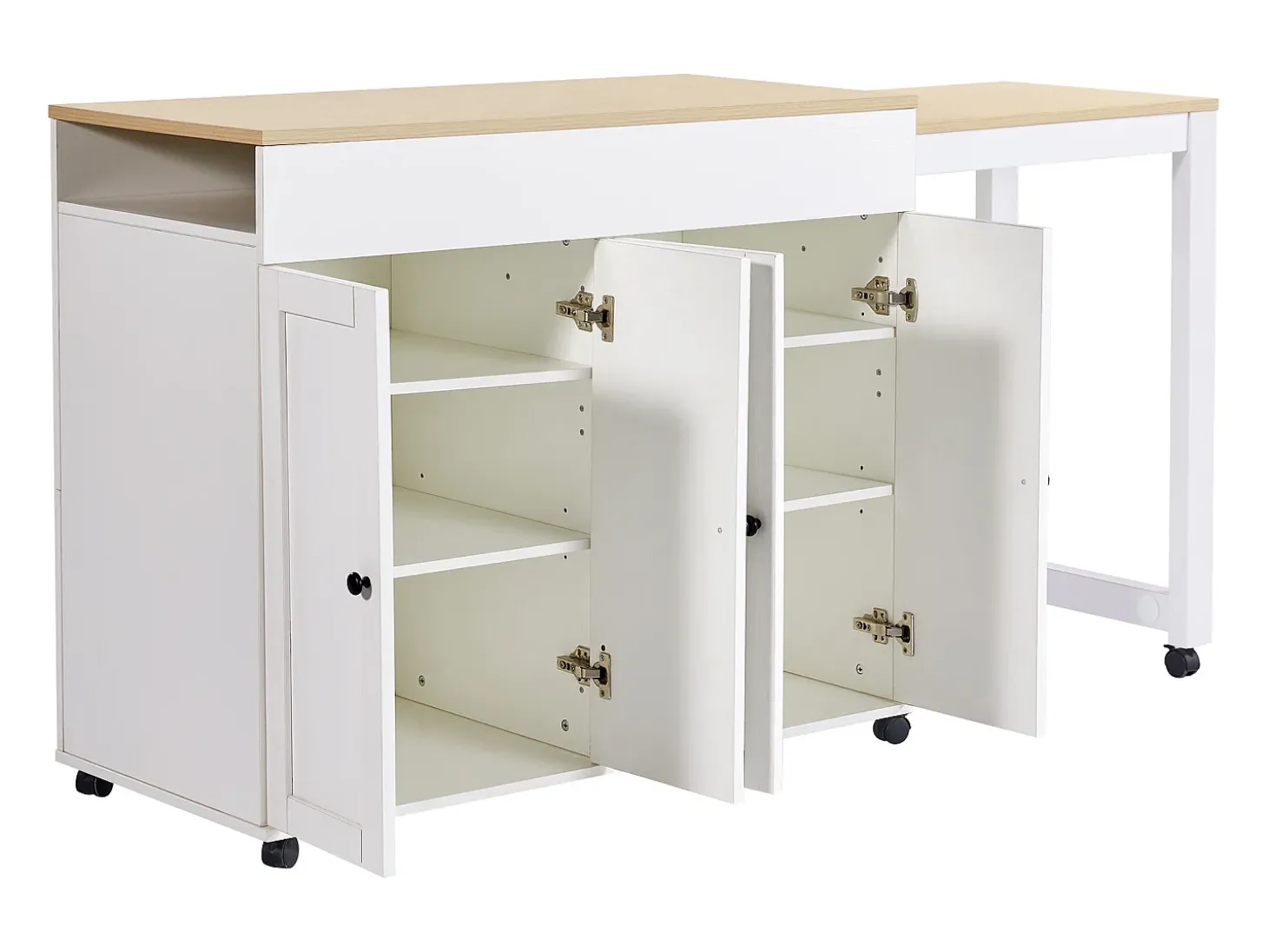 Isla central de cocina con 4 puertas - Tablero extensible - 118(180)x46x94 cm - Blanco + natural