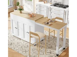 Isla central de cocina con 4 puertas - Tablero extensible - 118(180)x46x94 cm - Blanco + natural