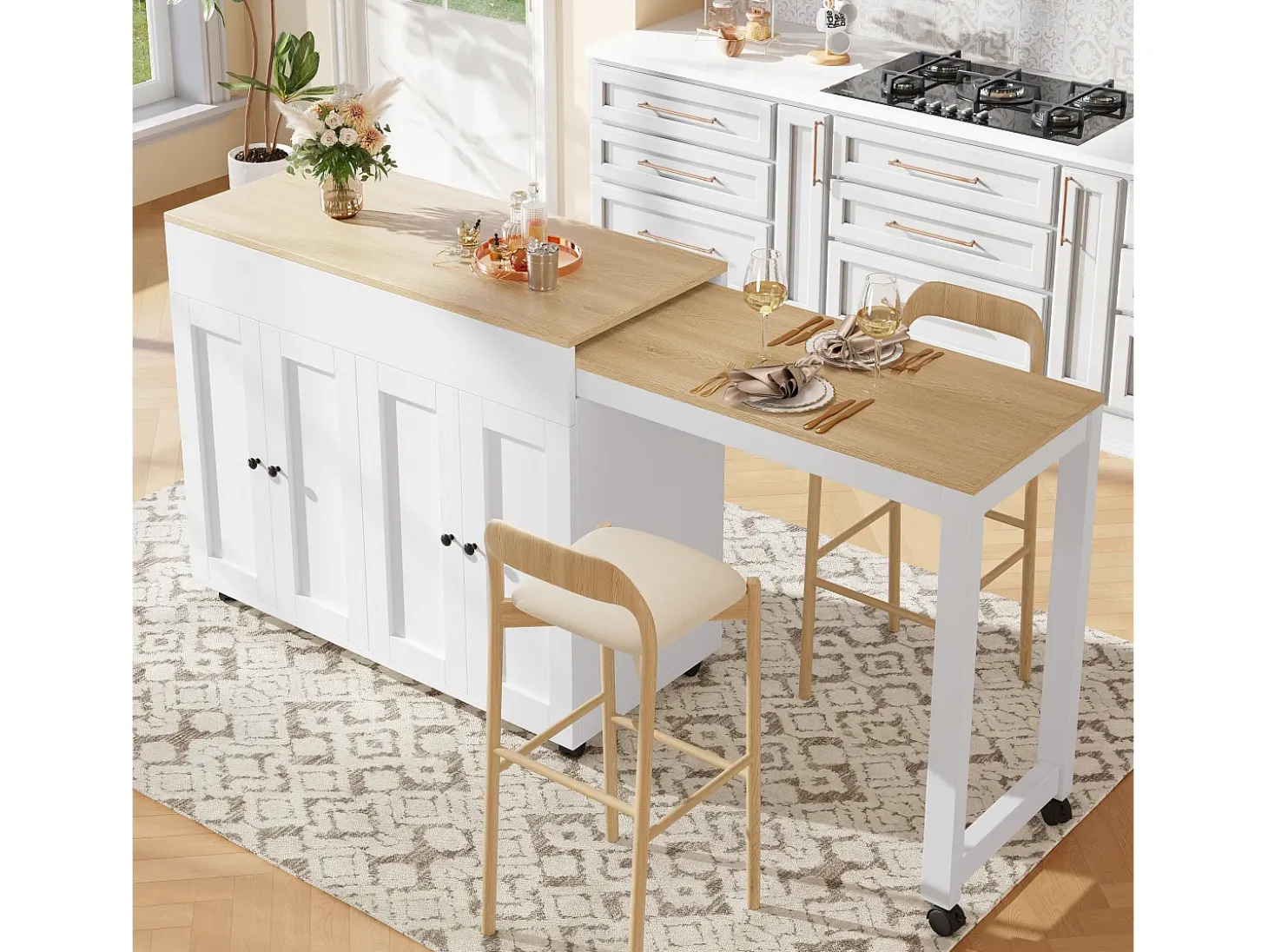 Isla central de cocina con 4 puertas - Tablero extensible - 118(180)x46x94 cm - Blanco + natural
