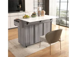 Isla central de cocina con 3 cajones y puertas de almacenamiento - Tablero extensible - Pies en ruedas o en madera - Gris