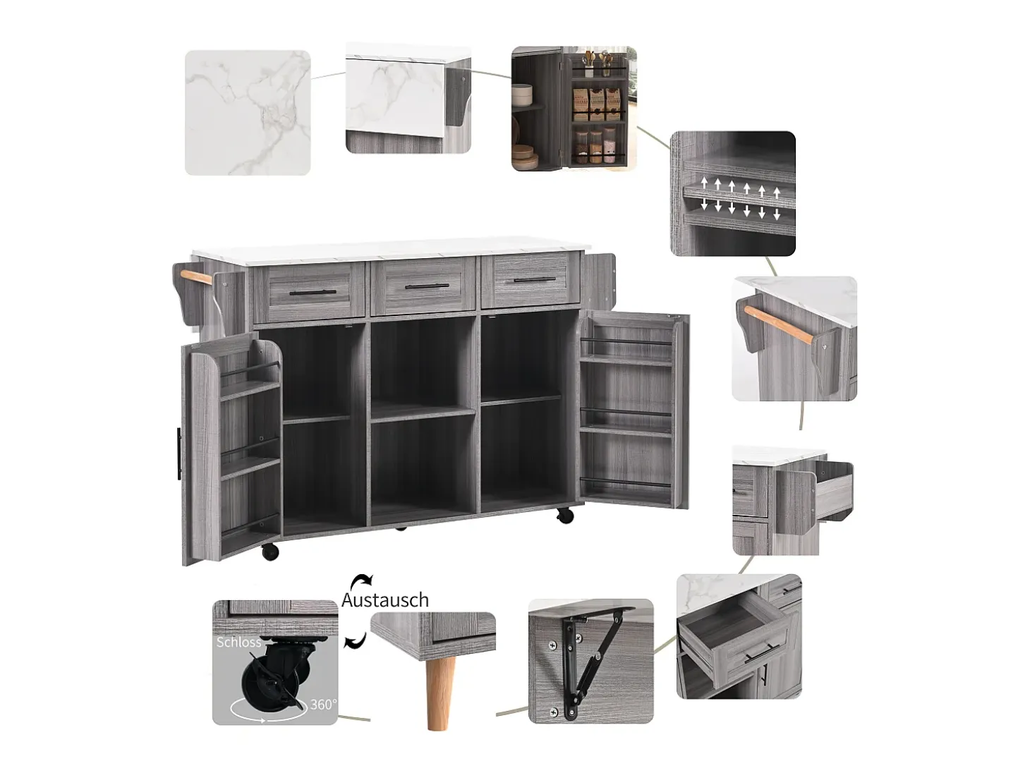 Isla central de cocina con 3 cajones y puertas de almacenamiento - Tablero extensible - Pies en ruedas o en madera - Gris