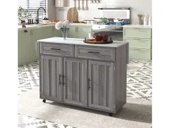 Isla central de cocina móvil - Tablero extensible - 2 cajones + puertas de armario para almacenamiento - Gris