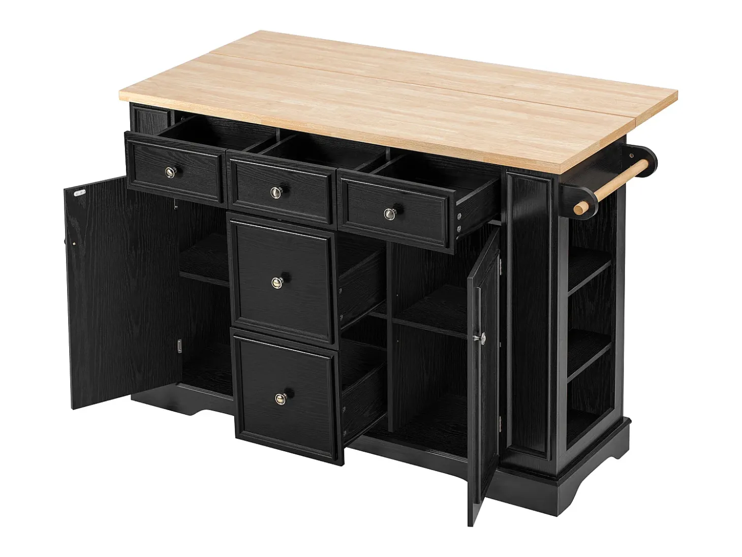 Isla central de cocina 130,5x40x92cm - tablero plegable - con toma de corriente - con 2 puertas y 5 cajones - negro
