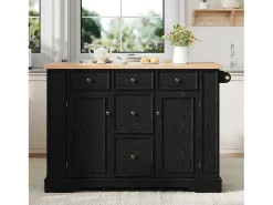 Isla central de cocina 130,5x40x92cm - tablero plegable - con toma de corriente - con 2 puertas y 5 cajones - negro