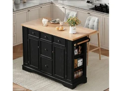 Isla central de cocina 130,5x40x92cm - tablero plegable - con toma de corriente - con 2 puertas y 5 cajones - negro