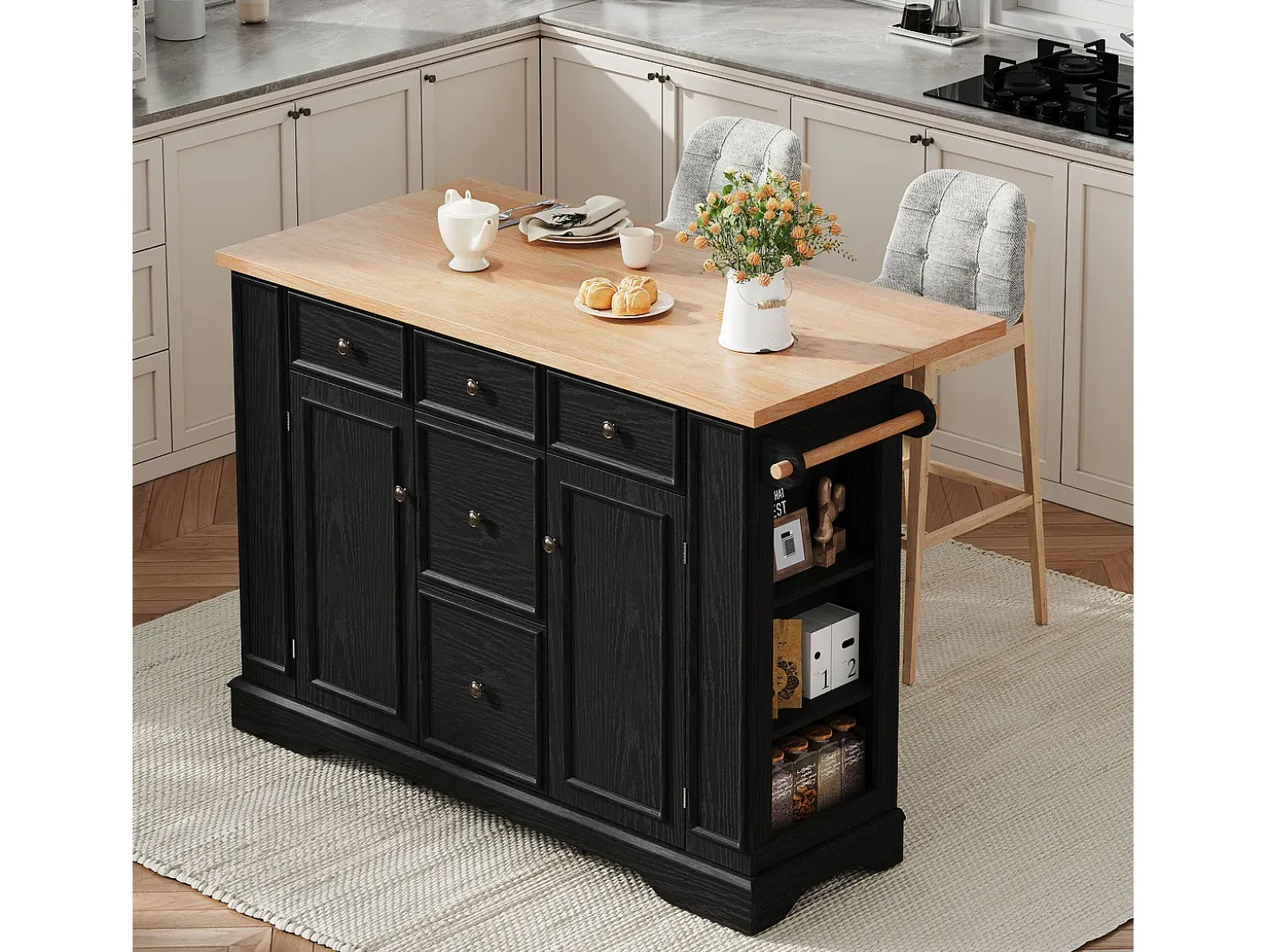 Isla central de cocina 130,5x40x92cm - tablero plegable - con toma de corriente - con 2 puertas y 5 cajones - negro