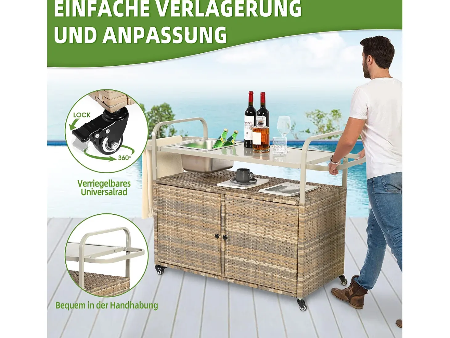 Isla central de ratán beige con 2 puertas, estilo bohemio natural con 2 estantes, con ruedas para fácil desplazamiento, ideal para terraza o jardín