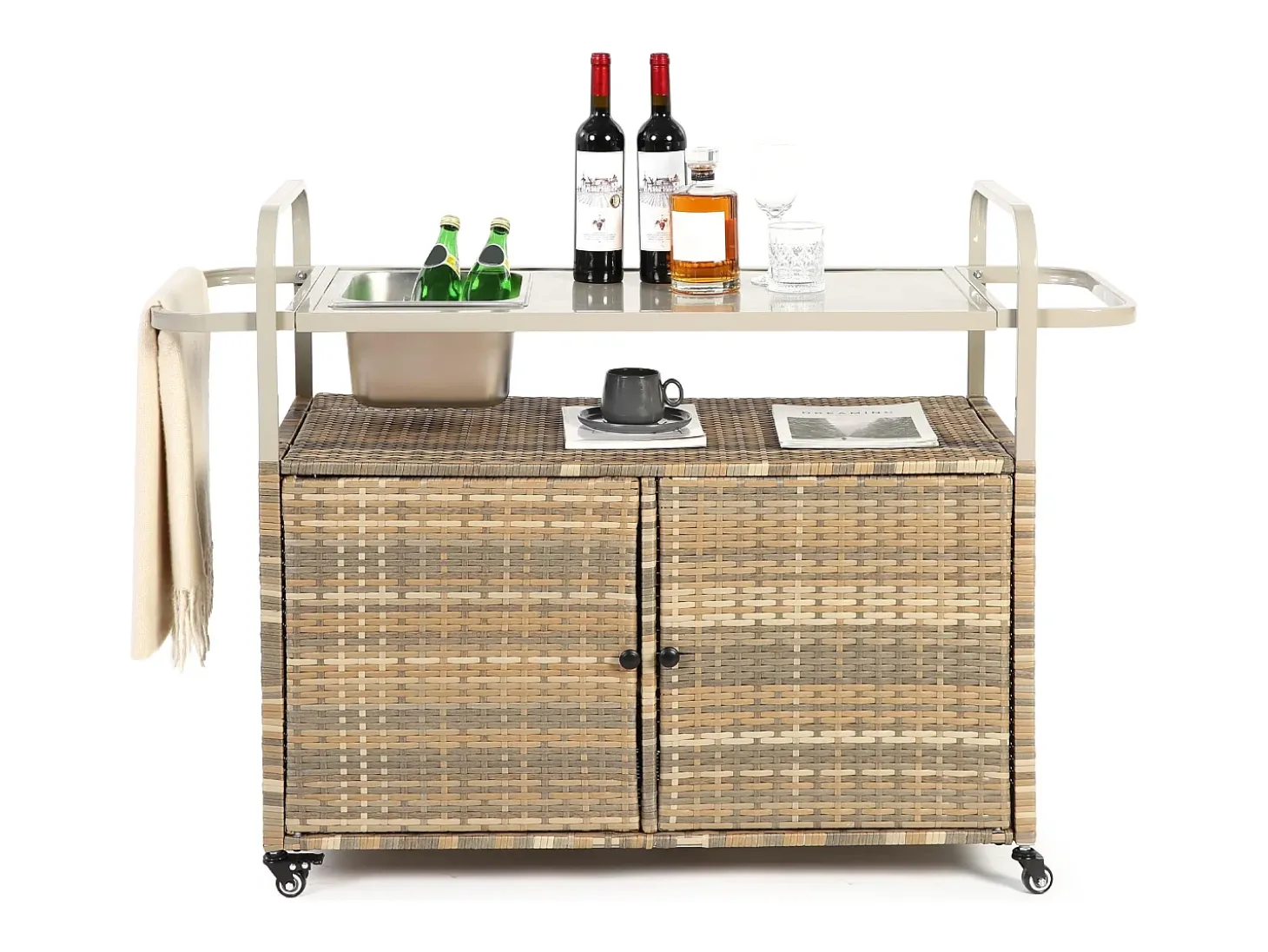 Isla central de ratán beige con 2 puertas, estilo bohemio natural con 2 estantes, con ruedas para fácil desplazamiento, ideal para terraza o jardín