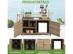Isla central de ratán beige con 2 puertas, estilo bohemio natural con 2 estantes, con ruedas para fácil desplazamiento, ideal para terraza o jardín