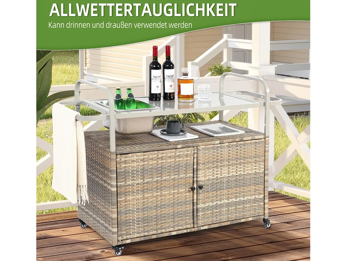 Isla central de ratán beige con 2 puertas, estilo bohemio natural con 2 estantes, con ruedas para fácil desplazamiento, ideal para terraza o jardín