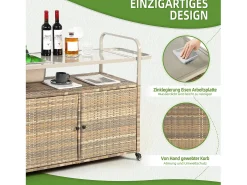 Isla central de ratán beige con 2 puertas, estilo bohemio natural con 2 estantes, con ruedas para fácil desplazamiento, ideal para terraza o jardín