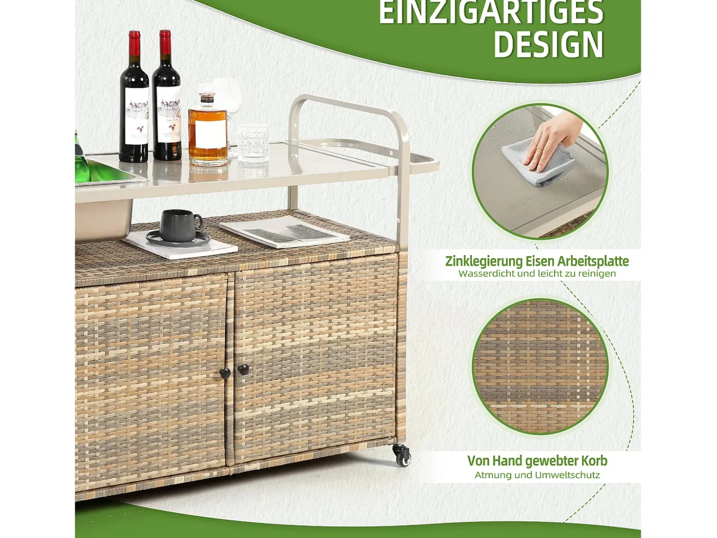 Isla central de ratán beige con 2 puertas, estilo bohemio natural con 2 estantes, con ruedas para fácil desplazamiento, ideal para terraza o jardín