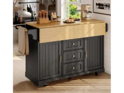 Isla central extensible con ruedas - 120 x 40/60/80 x 95 cm - con 2 puertas + 3 cajones - MDF + Metal - negro