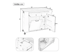 Isla central extensible con ruedas - 120 x 40/70 x 92 cm - con 2 puertas + 2 cajones - MDF - negro + natural
