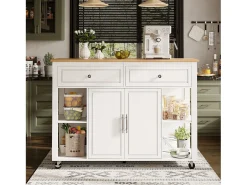 Isla central extensible con ruedas - 120 x 50/81,5 x 92 cm - con 2 puertas + 2 cajones - MDF + Metal - blanco