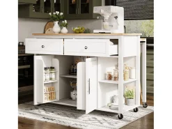 Isla central extensible con ruedas - 120 x 50/81,5 x 92 cm - con 2 puertas + 2 cajones - MDF + Metal - blanco