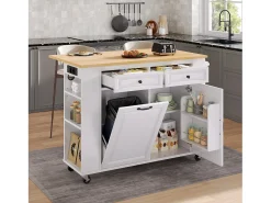 Isla central extensible con ruedas - 120 x 40/70 x 92 cm - con 2 puertas + 2 cajones - MDF - blanco + natural