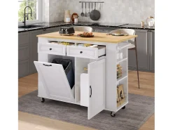 Isla central extensible con ruedas - 120 x 40/70 x 92 cm - con 2 puertas + 2 cajones - MDF - blanco + natural