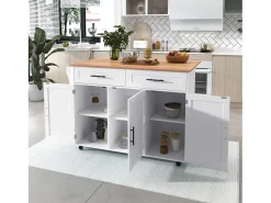 Isla central móvil con mesa plegable, 3 puertas y 2 cajones de almacenamiento - Blanco