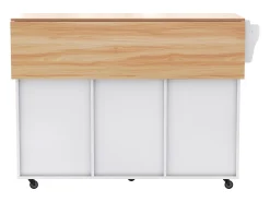 Isla central móvil con mesa plegable, 3 puertas y 2 cajones de almacenamiento - Blanco