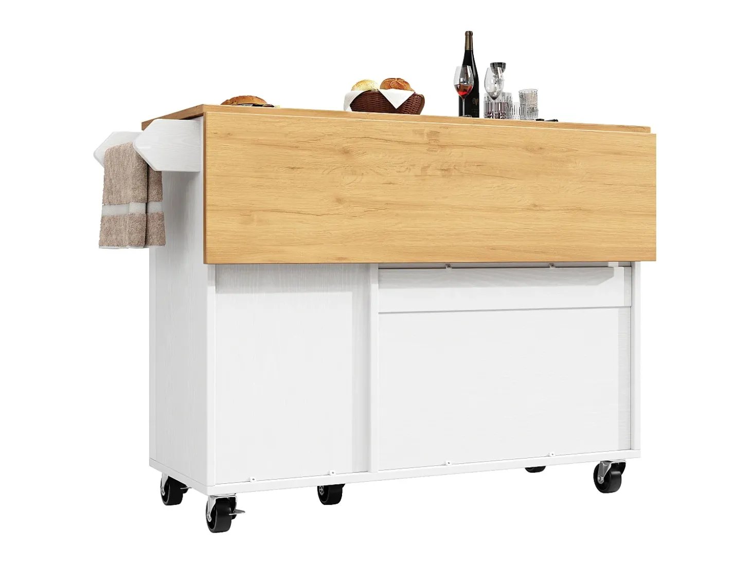 Isla central móvil con tablero de madera veteada, 3 puertas texturizadas y especiero - blanco