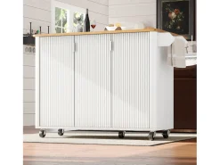 Isla central móvil con tablero de madera veteada, 3 puertas texturizadas y especiero - blanco