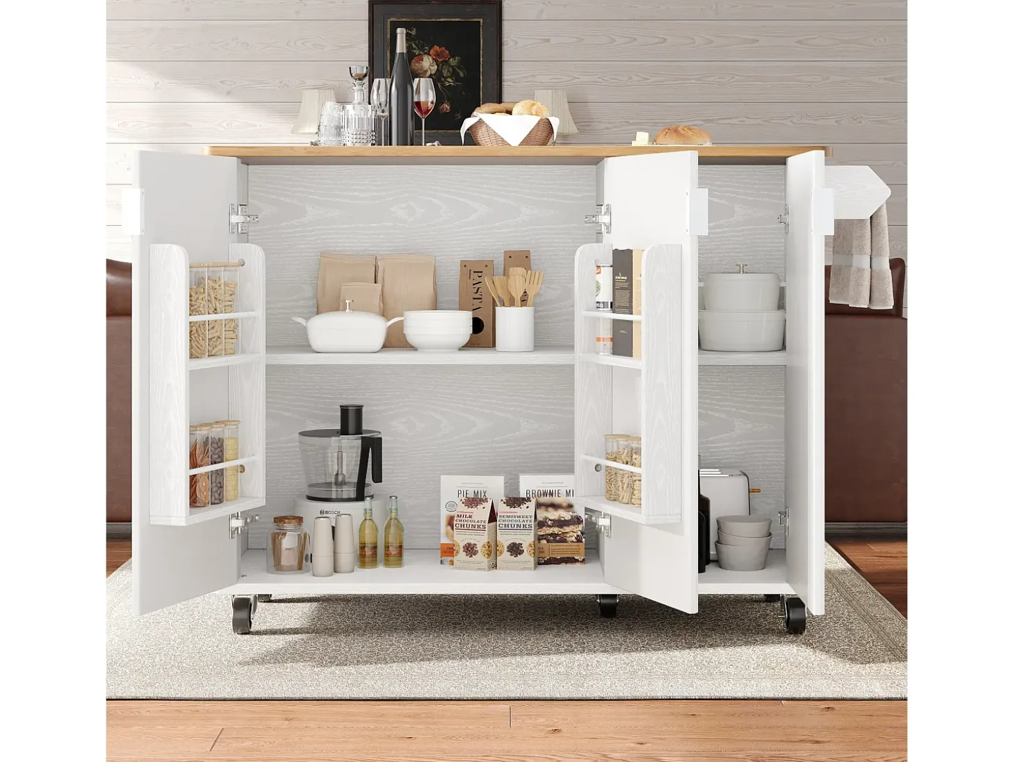 Isla central móvil con tablero de madera veteada, 3 puertas texturizadas y especiero - blanco