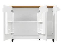 Isla central móvil con tablero de madera veteada, 3 puertas texturizadas y especiero - blanco