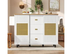 Isla de cocina - 146,85 x 45/70 x 93 cm - carro extensible con ruedas + 2 puertas + 3 cajones - MDF + Metal - blanco