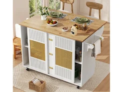 Isla de cocina - 146,85 x 45/70 x 93 cm - carro extensible con ruedas + 2 puertas + 3 cajones - MDF + Metal - blanco