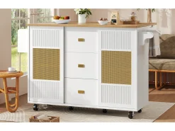 Isla de cocina - 146,85 x 45/70 x 93 cm - carro extensible con ruedas + 2 puertas + 3 cajones - MDF + Metal - blanco